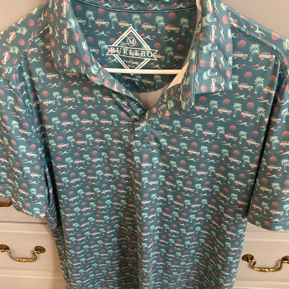 BURLEBO Blue and Pink Polo Shirt Modern Geometric Design NWOT medium.
